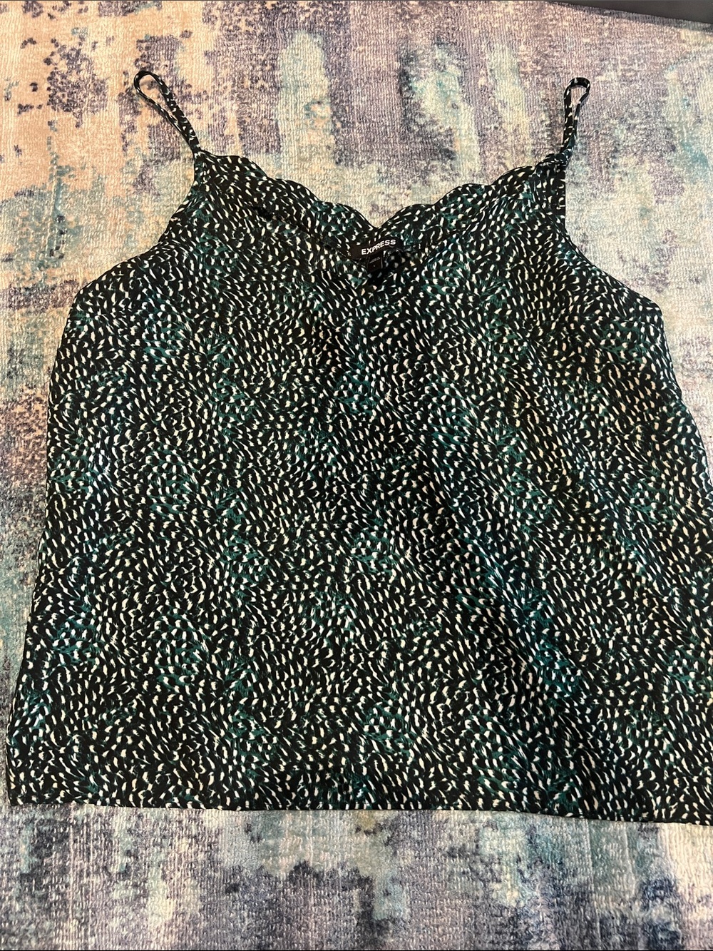 Express Black Printed Scallop V-Neck Cami with Teal Accents